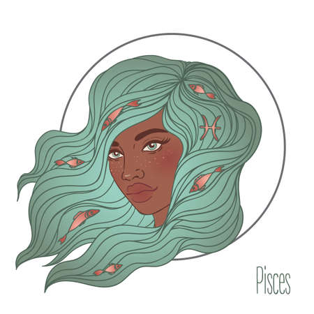 Illustration of Pisces astrological sign as a beautiful African American girl. Zodiac vector illustration isolated on white. Future telling, horoscope, alchemy, spirituality, fashion black woman.のイラスト素材