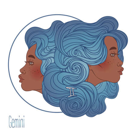 Illustration of Gemini astrological sign as a beautiful African American girl. Zodiac vector illustration isolated on white. Future telling, horoscope, alchemy, spirituality, fashion black woman.のイラスト素材