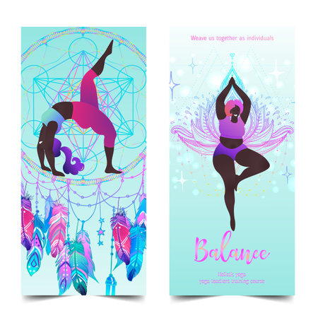 Plus size curvy lady doing yoga class. Yoga card design. Colorful template for spiritual retreat or yoga studio. Ornamental business cards, oriental pattern. Vectorのイラスト素材