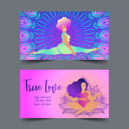 Plus size curvy lady doing yoga class. Yoga card design. Colorful template for spiritual retreat or yoga studio. Ornamental business cards, oriental pattern. Vectorのイラスト素材