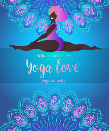 Plus size curvy lady doing yoga class. Yoga card design. Colorful template for spiritual retreat or yoga studio. Ornamental business cards, oriental pattern. Vectorのイラスト素材