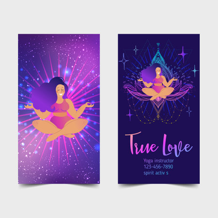 Plus size curvy lady doing yoga class. Yoga card design. Colorful template for spiritual retreat or yoga studio. Ornamental business cards, oriental pattern. Vectorのイラスト素材