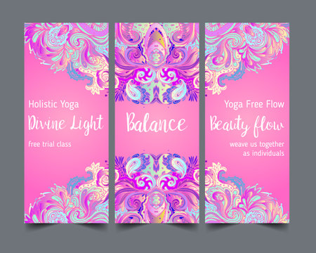 Yoga card, flyer, poster, mat design. Colorful template for spiritual retreat or yoga studio. Ornamental business cards, oriental pattern. Vector illustrationのイラスト素材