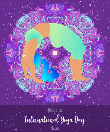 Plus size curvy lady doing yoga class. Yoga card design. Colorful template for spiritual retreat or yoga studio. Ornamental business cards, oriental pattern. Vectorのイラスト素材