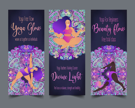 Plus size curvy lady doing yoga class. Yoga card design. Colorful template for spiritual retreat or yoga studio. Ornamental business cards, oriental pattern. Vectorのイラスト素材