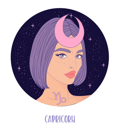Illustration of Capricorn astrological sign as a beautiful girl. Zodiac vector illustration isolated on white. Future telling, horoscope, alchemy, spirituality, occultism, fashion woman.のイラスト素材