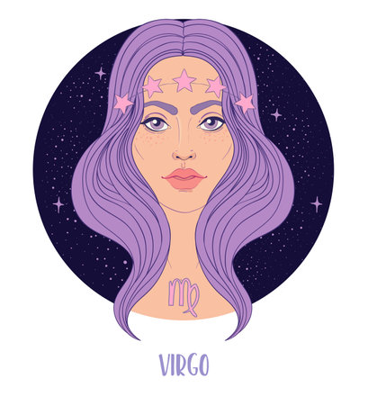 Illustration of Virgo astrological sign as a beautiful girl. Zodiac vector illustration isolated on white. Future telling, horoscope, alchemy, spirituality, occultism, fashion woman.のイラスト素材