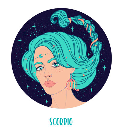 Illustration of Scorpio astrological sign as a beautiful girl. Zodiac vector illustration isolated on white. Future telling, horoscope, alchemy, spirituality, occultism, fashion woman.のイラスト素材