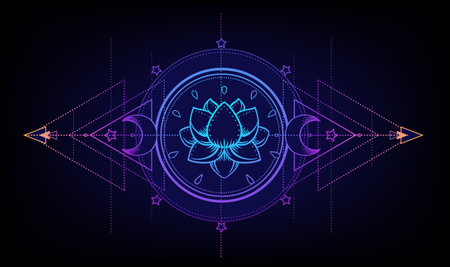 Sacred Geometry and Boo symbol set. Ayurveda sign of harmony and balance. Tattoo design, yoga logo. poster, t-shirt textile. Colorful rainbow gradient over black.のイラスト素材