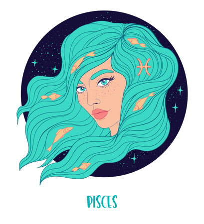 Illustration of Pisces astrological sign as a beautiful girl. Zodiac vector illustration isolated on white. Future telling, horoscope, alchemy, spirituality, occultism, fashion woman.のイラスト素材