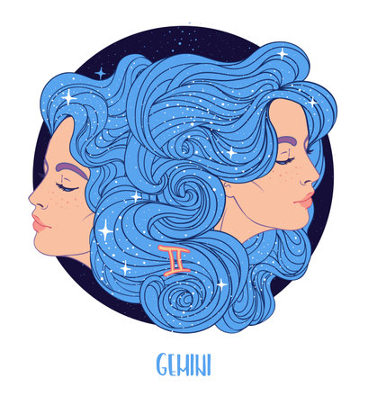Illustration of Gemini astrological sign as two beautiful girls. Zodiac vector illustration isolated on white. Future telling, horoscope, alchemy, spirituality, occultism, fashion woman.のイラスト素材