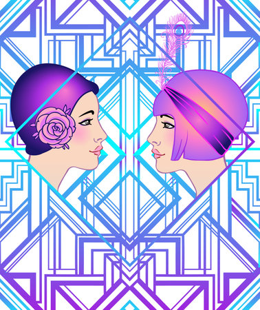 Female hand holding cocktail glass. Art deco, 1920s style vintage invitation template design for drink list, bar menu, glamour event, wedding, jazz party flyer. Vector illustration in neon colors.のイラスト素材