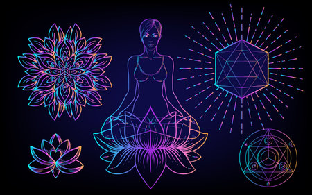 Sacred Geometry and Boo symbol set. Ayurveda sign of harmony and balance. Tattoo design, yoga logo. poster, t-shirt textile. Colorful rainbow gradient over black.のイラスト素材