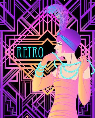 Female hand holding cocktail glass. Art deco, 1920s style vintage invitation template design for drink list, bar menu, glamour event, wedding, jazz party flyer. Vector illustration in neon colors.のイラスト素材