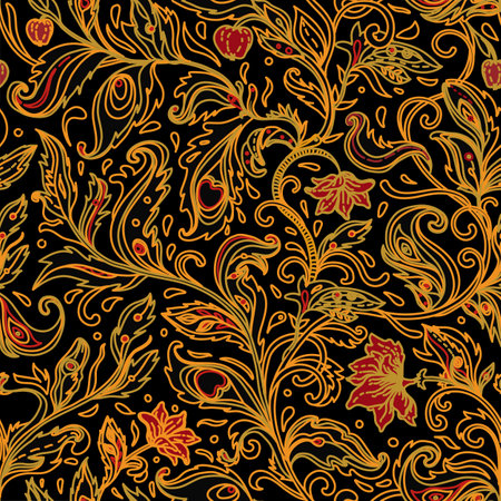 Seamless pattern with fantasy flowers, natural wallpaper, floral decoration curl illustration. Paisley print hand drawn elements. Home decor.のイラスト素材