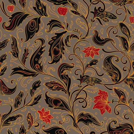 Seamless pattern with fantasy flowers, natural wallpaper, floral decoration curl illustration. Paisley print hand drawn elements. Home decor.のイラスト素材