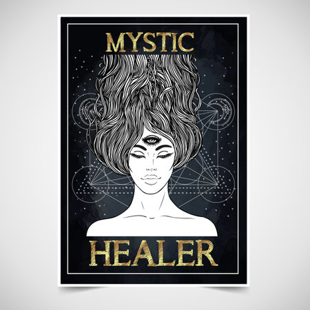 Tarot reader, fortuneteller, spiritual coach, mystic healer business card design template. Vector illustration. Magic woman.のイラスト素材