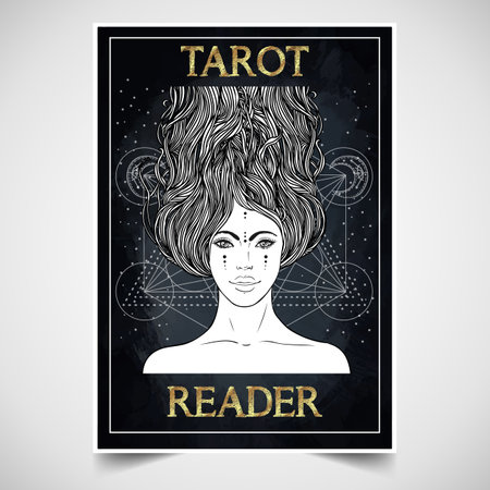 Tarot reader, fortuneteller, spiritual coach, mystic healer business card design template. Vector illustration. Magic woman.のイラスト素材