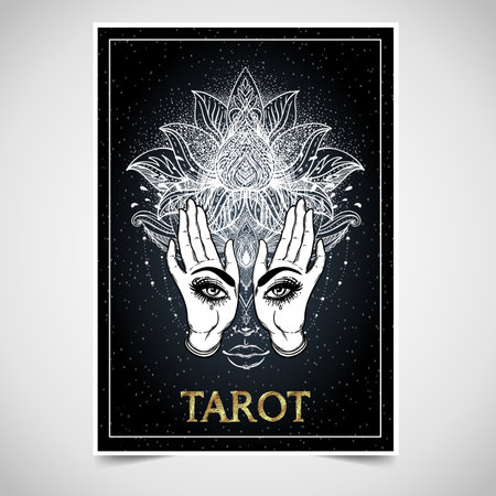 Tarot reader, fortuneteller, spiritual coach, mystic healer business card design template. Vector illustration. Magic woman.のイラスト素材