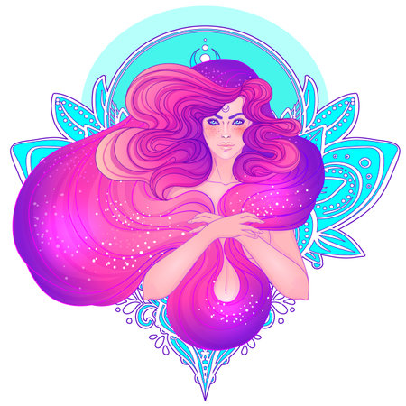 Pretty fairy elf. Portrait of young woman view with long hair. Pixie pagan princess. Vector isolated illustration. Fantasy, spirituality, occultism, tattoo. Art nouveau inspired. Sticker design.のイラスト素材