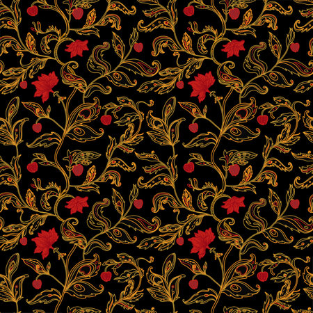 Seamless pattern with fantasy flowers, natural wallpaper, floral decoration curl illustration. Paisley print hand drawn elements. Home decor.のイラスト素材