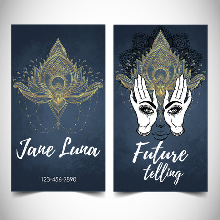 Fortune teller, spiritual coach, mystic healer business card design template. Vector illustration. Magic.の写真素材