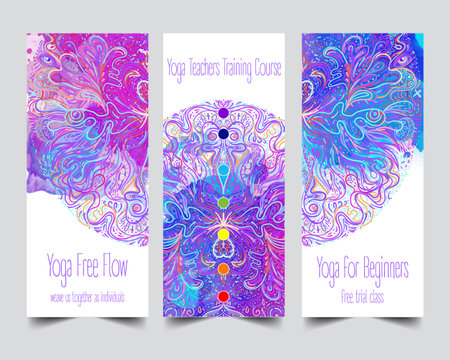 Yoga card, flyer, poster, mat design. Colorful design template for spiritual retreat or yoga studio. Ornamental business cards, oriental pattern. Vector illustration.のイラスト素材
