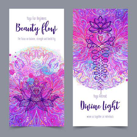 Yoga card, flyer, poster, mat design. Colorful design template for spiritual retreat or yoga studio. Ornamental business cards, oriental pattern. Vector illustration.のイラスト素材
