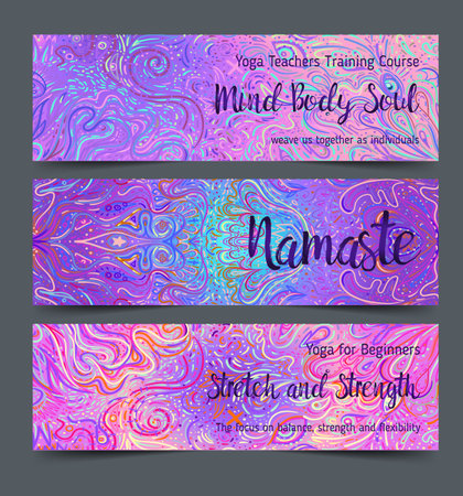 Yoga card, flyer, poster, mat design. Colorful design template for spiritual retreat or yoga studio. Ornamental business cards, oriental pattern. Vector illustration.のイラスト素材