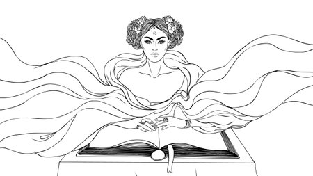 Fortune telling: young beautiful woman in mask an scarf reading an ancient book. Vector illustration. Night sky with moon and stars. Mystic concept design.のイラスト素材