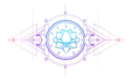 Sacred Geometry and Boo symbol set. Ayurveda sign of harmony and balance. Tattoo design, yoga logo. poster, t-shirt textile. Colorful rainbow gradient over black.のイラスト素材