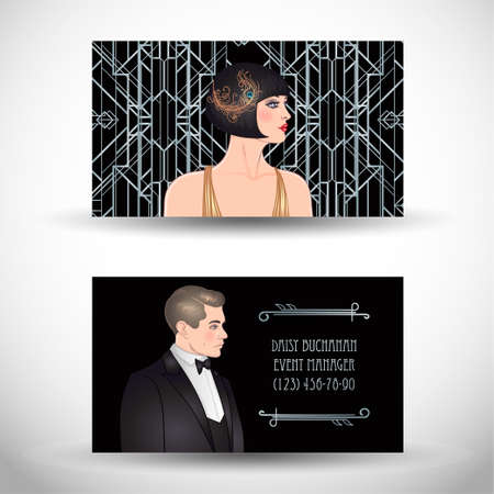 Art Deco vintage invitation template design with illustration of flapper girl. patterns and frames. Retro party background set (1920s style). Vector for glamour event, thematic wedding or jazz party.のイラスト素材