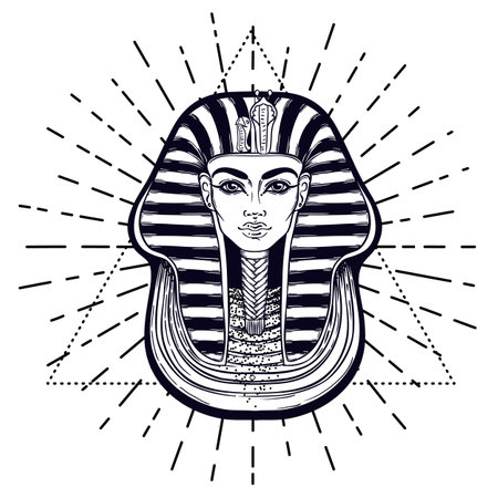 King Tutankhamun mask, ancient Egyptian pharaoh. Hand-drawn vintage vector outline illustration. Tattoo flash, t-shirt or poster design, postcard, coloring book page. Egypt history.のイラスト素材