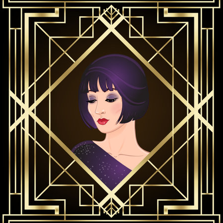 Art Deco vintage invitation template design with illustration of flapper girl. patterns and frames. Retro party background set (1920s style). Vector for glamour event, thematic wedding or jazz party.のイラスト素材