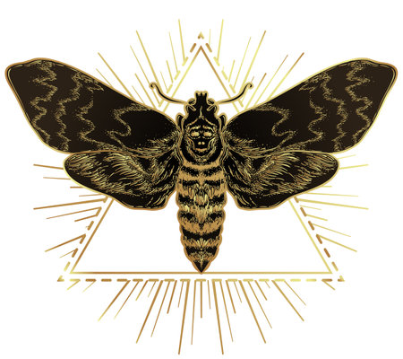 Golden moth over sacred geometry sign, isolated vector illustration. Tattoo flash. Mystical symbols and insects in gold. Alchemy, occultism, spirituality. Hand-drawn vintage.のイラスト素材