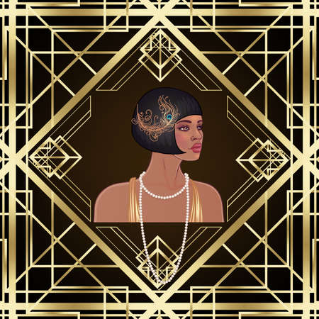 Retro fashion: glamour girl of twenties (African American woman). Vector illustration. Flapper 20s style. Vintage party invitation design template. Fancy black lady.のイラスト素材