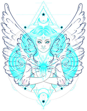 African American magic woman holding all seeing eye with rays. Vector Illustration. Mysterious black girl over sacred geometry symbols and wings. Alchemy, religion, spirituality, occultism, tattoo artのイラスト素材