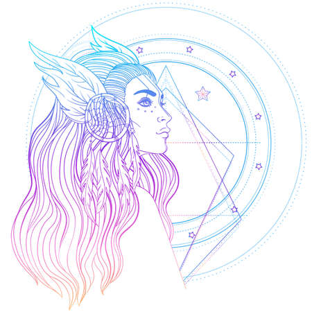 Isolated on white illustration of Native American Indian girl with feathers and dream catcher. Tribal Fusion Boho Diva.のイラスト素材