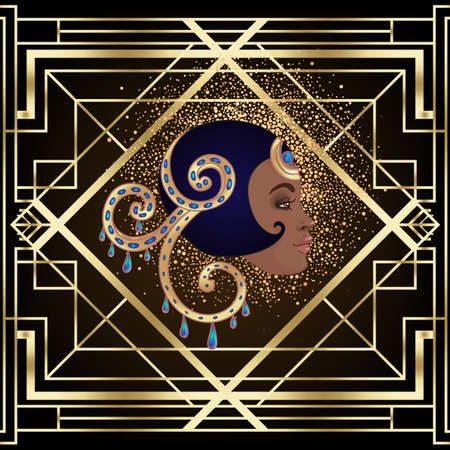 Retro fashion: glamour girl of twenties (African American woman). Vector illustration. Flapper 20s style. Vintage party invitation design template. Fancy black lady.のイラスト素材