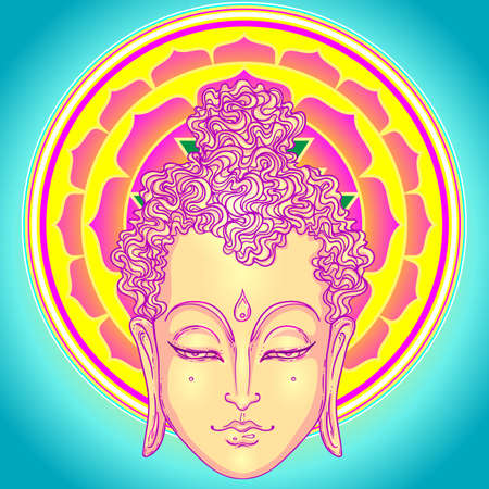Buddha face over ornate mandala round pattern. Esoteric vintage vector illustration. Indian, Buddhism, spiritual art. Hippie tattoo, spirituality, Thai god, yoga zen Coloring book pages for adults.のイラスト素材