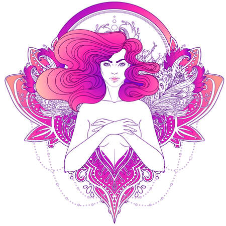Pretty fairy elf. Portrait of young woman view with long hair. Pixie pagan princess. Vector isolated illustration. Fantasy, spirituality, occultism, tattoo. Art nouveau inspired. Sticker design.のイラスト素材