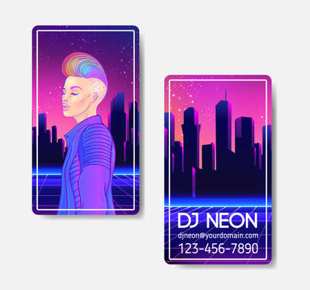 Futuristic synth wave style. Retroparty flyer template. Portrait of a young pretty androgynous woman with short shaved pixie undercut in retro futurism style. Vector illustration in neon bright colors.のイラスト素材