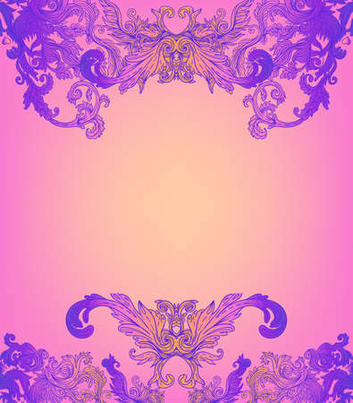 Vintage baroque floral patterned frame in bright neon colors. 1980s style. Ornate vector decoration. Luxury, royal and Victorian concept. Vintage design. Heraldic floral texture.のイラスト素材