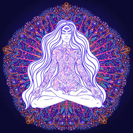 Beautiful Girl sitting in lotus position over ornate colorful neon background. Vector illustration. Psychedelic mushroom composition. Buddhism esoteric motifs. Tattoo, spiritual yoga.のイラスト素材