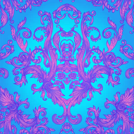 Vintage baroque floral seamless pattern in bright neon colors. 1980s style. Ornate vector decoration. Luxury, royal and Victorian concept. Vintage design with repetition. Heraldic floral texture.のイラスト素材