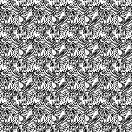 Rooster seamless pattern, Chinese zodiac symbol. Vector endless background. Repeating head of cock. Design for wallpaper art, coloring, nature and spirituality. Vintage print..のイラスト素材