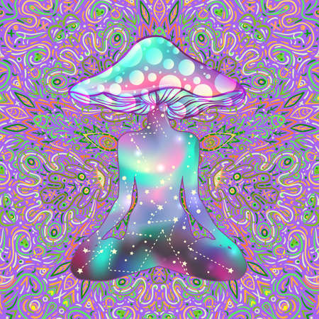 Magic person with mushroom head in yoga lotus position. Psychedelic hallucination. Vibrant vector illustration. 60s hippie colorful art.のイラスト素材