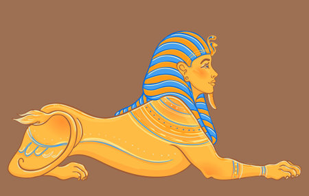 Sphinx, Egyptian mythical creature with head of human, body of lion and wings. Hand-drawn vintage vector outline illustration. Tattoo flash, t-shirt or poster design, postcard. Egypt history.のイラスト素材