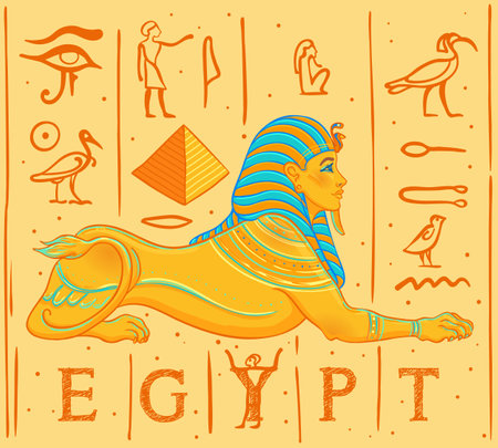Sphinx, Egyptian mythical creature with head of human, body of lion and wings. Hand-drawn vintage vector outline illustration. Tattoo flash, t-shirt or poster design, postcard. Egypt history.のイラスト素材