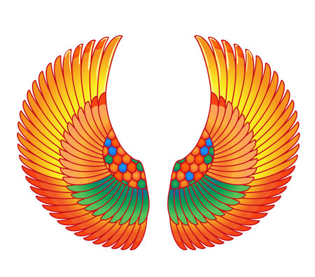 Wings in Egyptian style. Hand-drawn vintage tattoo art. Egypt tribal symbol of pharaoh, element of ancient design. Isolated vector illustration. Spirituality, occultism, chemistry, occult sun tattoo.のイラスト素材
